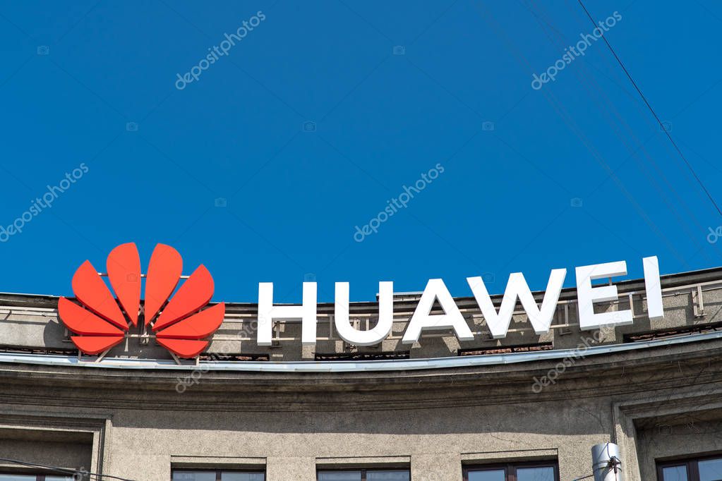 KAUNAS, LITHUANIA - APRIL 16, 2019:  Logo of Huawei on a building. It's a Chinese multinational telecommunications equipment and consumer electronics manufacturer