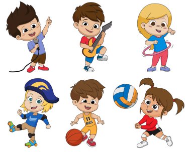 Çocuk etkinliği ayarla, çocuk bir şarkı, hula hoop, tekerlekli paten, bir basketbol volleyball.vector ve illüstrasyon iskambil oynarken oyun oynarken bir gitar çalmak söylüyor.
