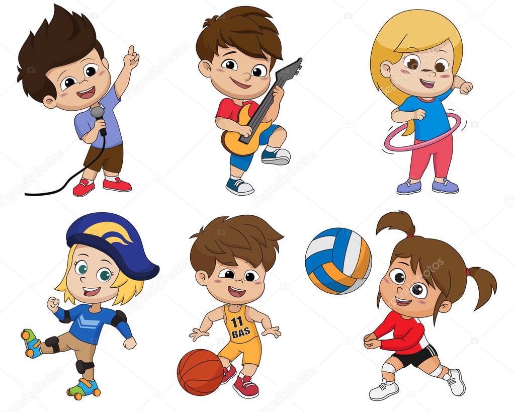 Set of kid activity,kid sings a song,playing a guitar,playing hula hoop,playing roller skates,playing a basketball,playing volleyball.vector and illustration.