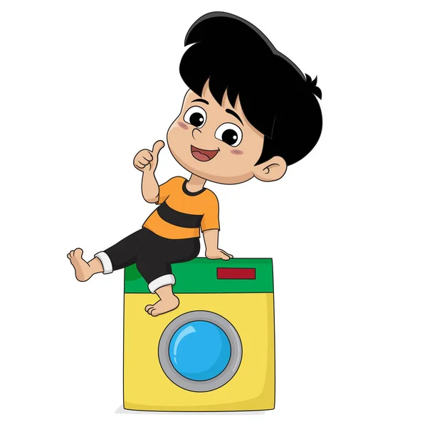 Kind Helpen Hun Ouders Wassen Doeken Met Wasmachine Vector Illustratie — Stockvector