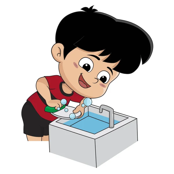 Les Enfants Aident Leurs Parents Laver Vaisselle Vecteur Illustration — Image vectorielle