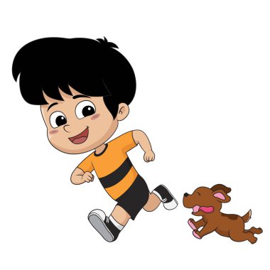 Çocuk köpek onun iyi arkadaşı ile oynuyordum. Vektör ve illüstrasyon.