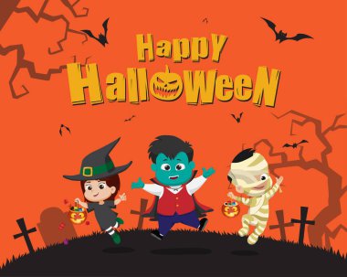 Cadılar Bayramınız Kutlu Olsun. Cadılar Bayramı partisi ve havada atlama çocuk giysi. Vektör ve illüstrasyon.