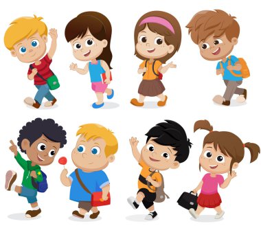 Çocuk school.back okula yürüme. Vektör ve illüstrasyon.