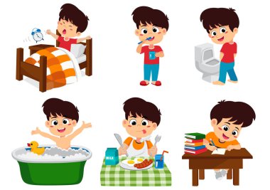Günlük yakışıklı ayarla, çocuk uyan fırçalarken, çocuk işemek bir banyo, Kahvaltı, çocuk writhing.vector ve örnek alarak,.