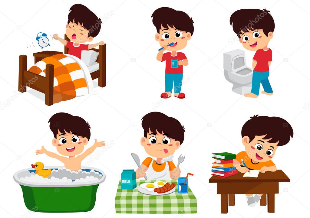 Set of daily cute boy,boy wake up,brushing teeth,kid pee,taking a bath,breakfast,kid writhing.vector and illustration.