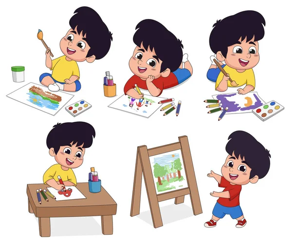 Klasie Dzieci Rysunek Papierze Wyobraźni Zarówno Drewno Jak Akwarele Grafiki — Wektor stockowy