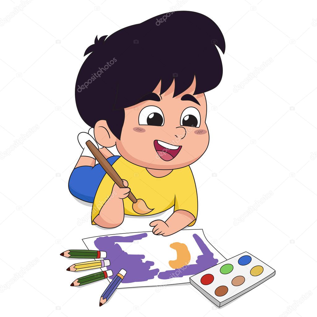 In class the children are drawing on paper in the imagination of both wood and watercolor.Vector and illustration.