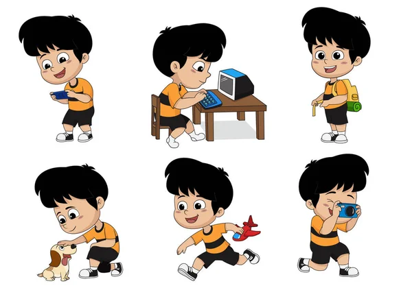 Set of kid activity,kid playing a game on phone,playing a comput — Stock Vector