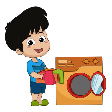 Çocuğa yardım anne yıkama bezler ile çamaşır makinesi.