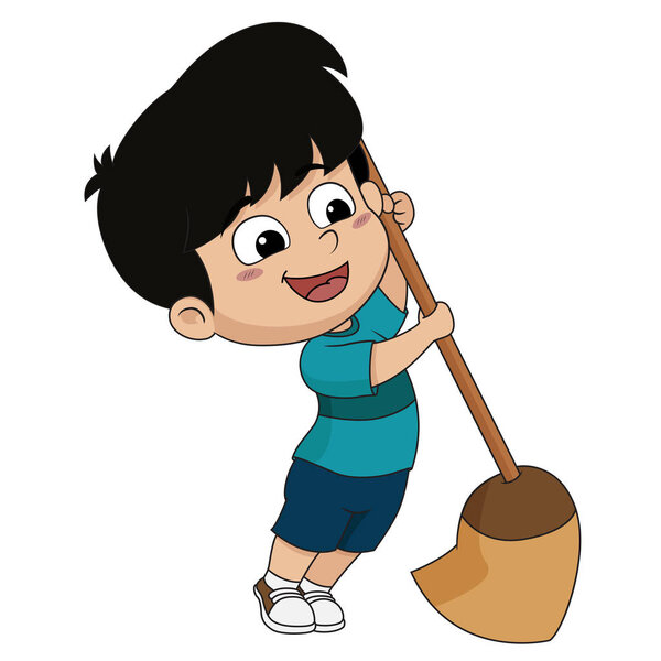 Kid help their parents to sweep home.