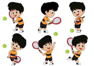 Birçok poz seti, çocuklar tenis oynarken.
