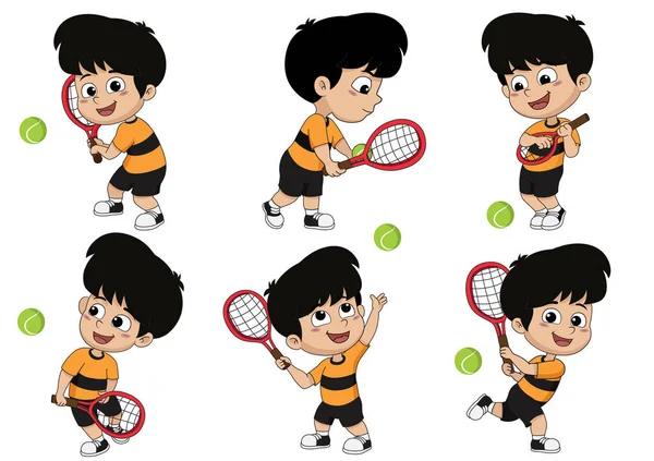 Conjunto de muchos pose, niños jugando tenis . — Vector de stock