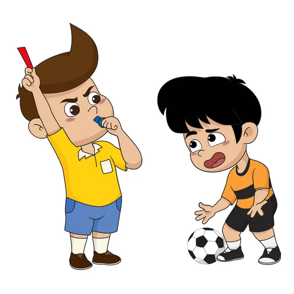 サッカーの試合での出来事の話 激しいプレーをすると 子供たちは赤いカードを受け取ります ベクトルとイラストレーション — ストックベクタ