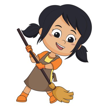 Bir gün çocuk anne-babalar paspaslama, çamaşır yıkama, çamaşır yıkama, ütü, temizlik gibi birçok şey yapmak yardımcı olur. Vektör ve illüstrasyon.