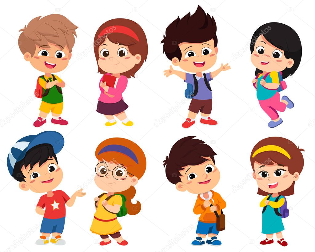 Back to school. Cute kids standing with different pose.vector an