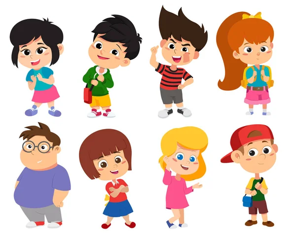 Vuelta Escuela Lindos Niños Pie Con Diferentes Pose Vector Ilustración — Vector de stock