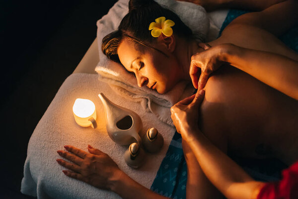 high angle view of Woman Massage in Thai Massage Saloon