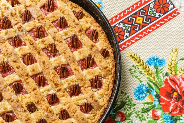 Whole Apple Rhubarb Pie Pecan Black Tray Table — Stock Photo, Image