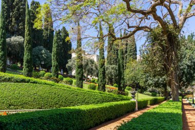 Haifa, İsrail-Mart 25, 2018: Teraslarında bahar zaman Bahai inanç gren Park'ta