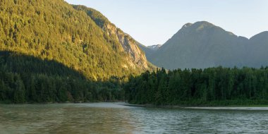 British Columbia Kanada'da yeşil orman ile Hope Pastoral manzara yakınlarındaki Fraser Nehri