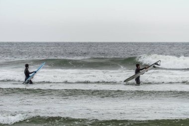 Tofino, Kanada - 2 Eylül 2018: sörf tahtasını okyanusun arka planında tutan sörfçü veya dalga sürücüsü