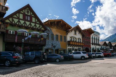 Leavenworth, USA - September 16, 2018: Downtown of small bavarian styled village in the Cascade Mountains clipart