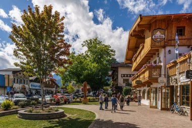 Leavenworth, USA - September 16, 2018: Downtown of small bavarian styled village in the Cascade Mountains clipart