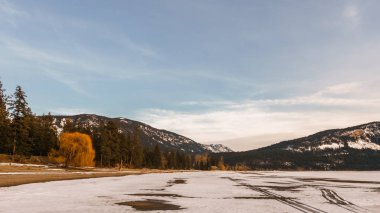 Squilax, Kanada - 16 Mart 2019: British Columbia'daki yerleşimin kış gölüne bakışı.