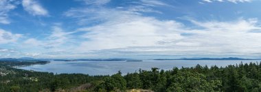 Güzel bir Pasifik Okyanusu sahnesi ile Mount Douglas parkVictoria şehrinin havadan panoramik görünümü.