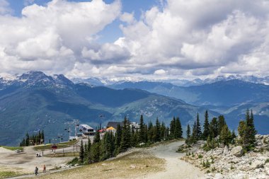 Whistler, Kanada - 25 Ağustos 2019: Whistler Blackcomb Dağı tepesindeki Peak 2 Peak gondol binası.