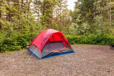 Orman kampında kırmızı ve mavi kamp çadırı yaşam tarzı avantajı