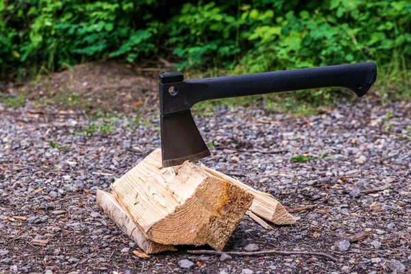 black ax stuck in a log camping scene in forest.