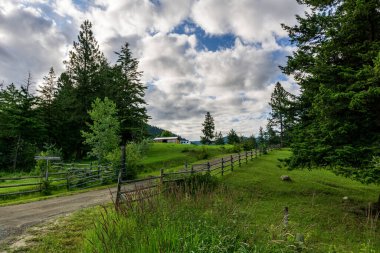 Çiftliğe giden yol üzerinde hoş geldin tabelası olan kır yolu..