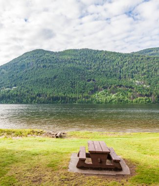 Paul Gölü İl Parkı piknik alanı. Yeşil dağlarla geçen yaz zamanı. Britanya Kolombiyası Kanada.