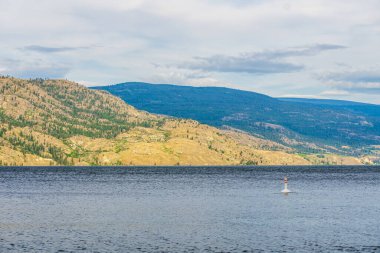 Yazın Okanagan gölü manzaralı mavi gökyüzü Britanya Kolombiyası Kanada.