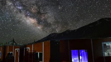 4k, timelapse, Samanyolu galaksisinin çubuktaki Ladakh, Kuzey Hindistan Pangong gölde dağlar üzerine. Gürültü ve yüksek ISO klip (Zoom-Out)