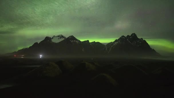 Time Lapse Van Northern Light Aurora Borealis Vestrahorn Bergen Stokksnes — Stockvideo