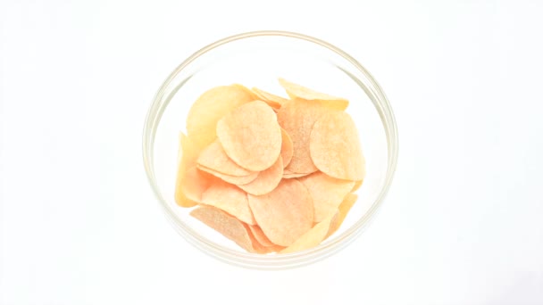 Top View Potato Chips Gradually Disappearing Transparent Vase White Background — Stock Video