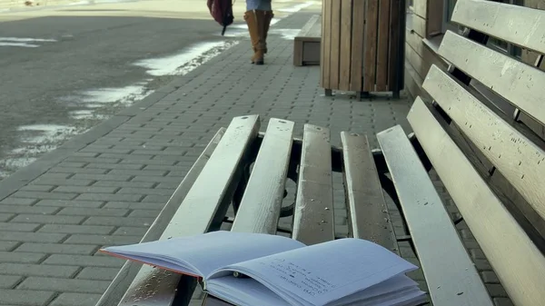 Młody, piękny, piękny kobieta siedzi na ławce w parku, w ręce jej notebooka. Ona jest ubrany w płaszcz. Ona sprawia, że notatki i wygląda bardzo romantyczne. — Zdjęcie stockowe
