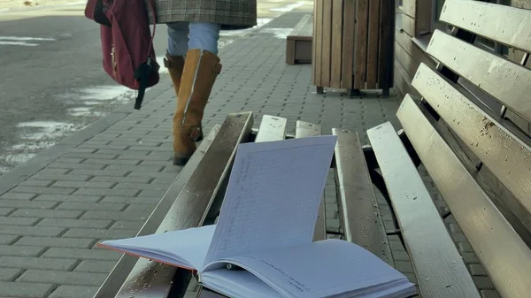 Joven, hermosa, encantadora mujer sentada en el banco en el parque, en las manos de su cuaderno. Lleva un abrigo. Ella toma notas y se ve muy romántica . —  Fotos de Stock