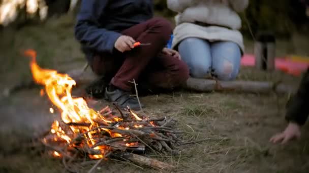 観光客の旅の幸せな家族。ママと子供テント付近に火でソーセージを炒める — ストック動画