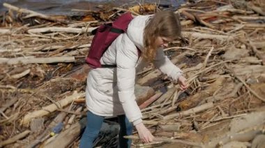 Nehir kıyısında yürüyüş ve kuru dalları toplama güzel genç kadın