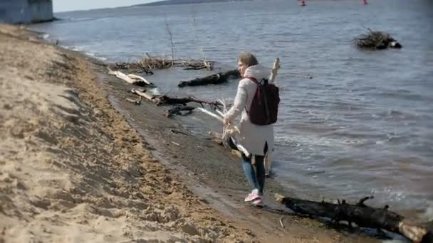 Hermosa joven caminando a lo largo de la orilla del río y recogiendo ramas secas — Vídeos de Stock