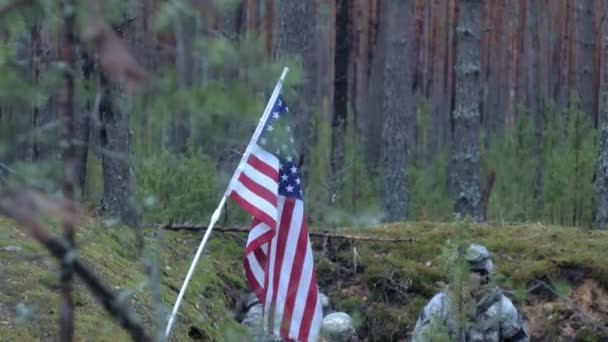 Στρατιώτες στο καμουφλάζ την καταπολέμηση όπλα και στις ΗΠΑ στο δάσος, στρατιωτική γενική ιδέα — Αρχείο Βίντεο