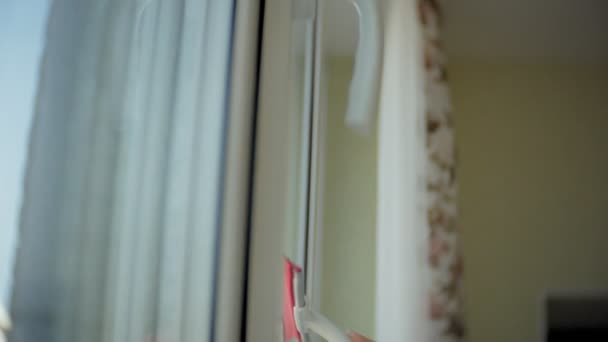 Chica atractiva lava ventanas en casa. Para limpiar la casa . — Vídeos de Stock