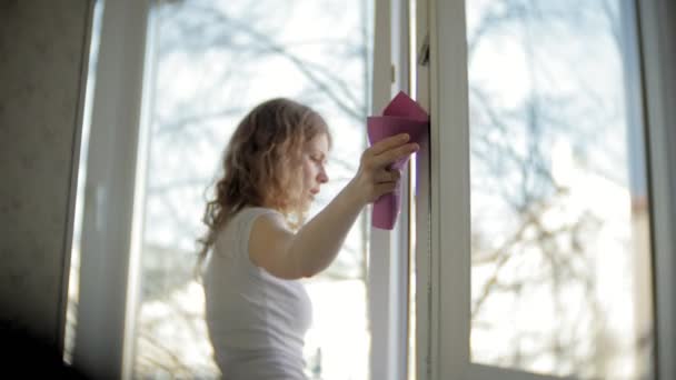 atraktivní holka myje okna doma. Chcete-li vyčistit dům.
