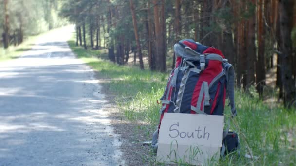 Молода красива жінка автостоп стоїть на дорозі з рюкзаком на столі з написом SOUTH — стокове відео