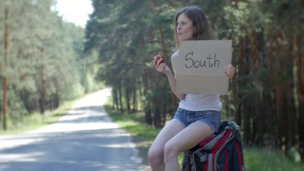 南の碑文でテーブルの上のバックパックと道路上に若い美しい女性ヒッチハイク立って — ストック動画
