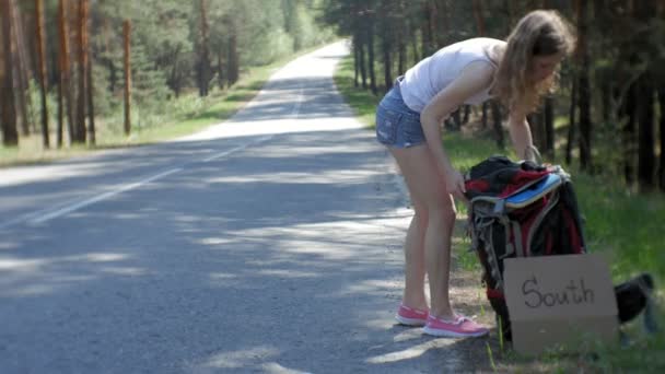 南の碑文でテーブルの上のバックパックと道路上に若い美しい女性ヒッチハイク立って — ストック動画